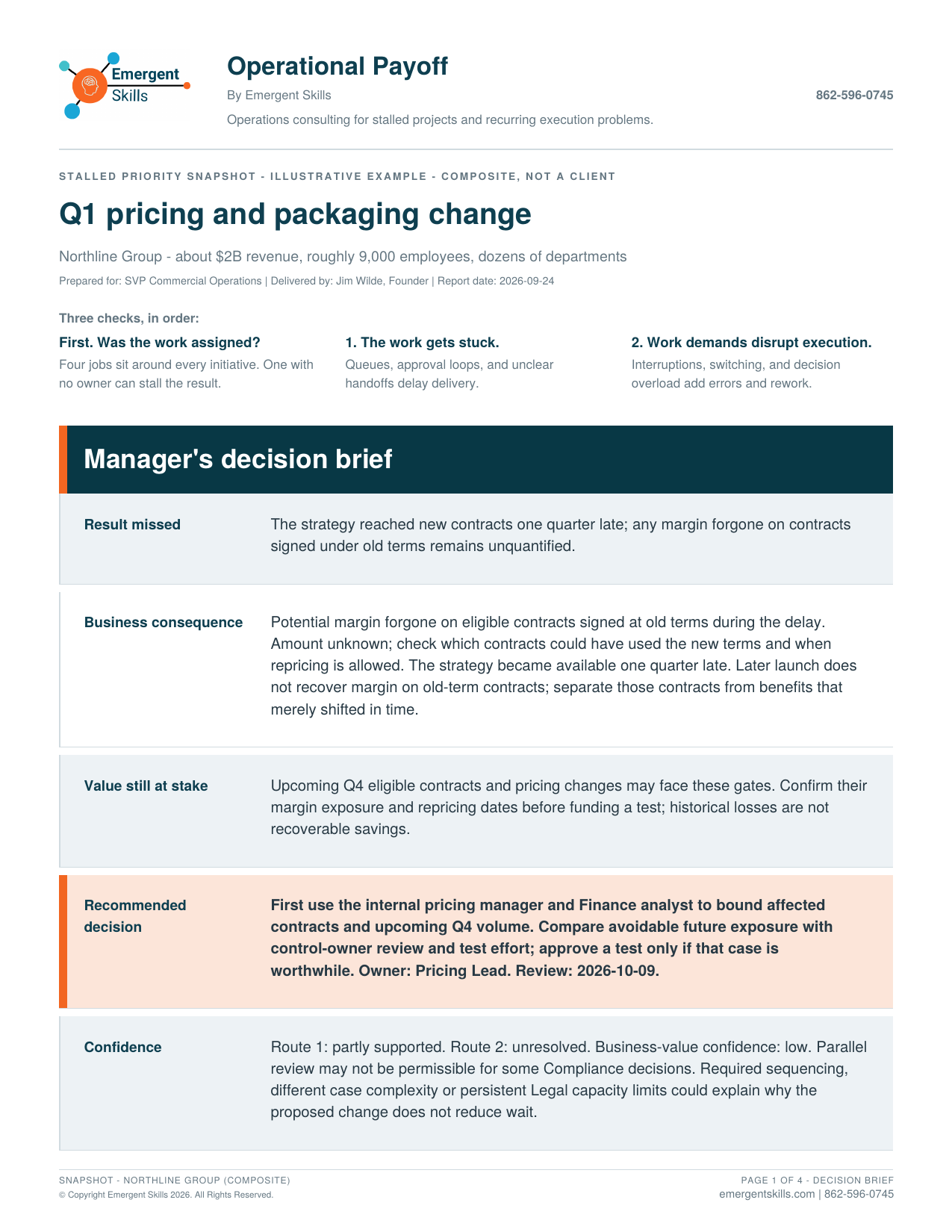 Page one of the fictional Northline Snapshot: manager’s decision brief showing the missed result, business consequence, value still at stake, recommended decision and confidence.