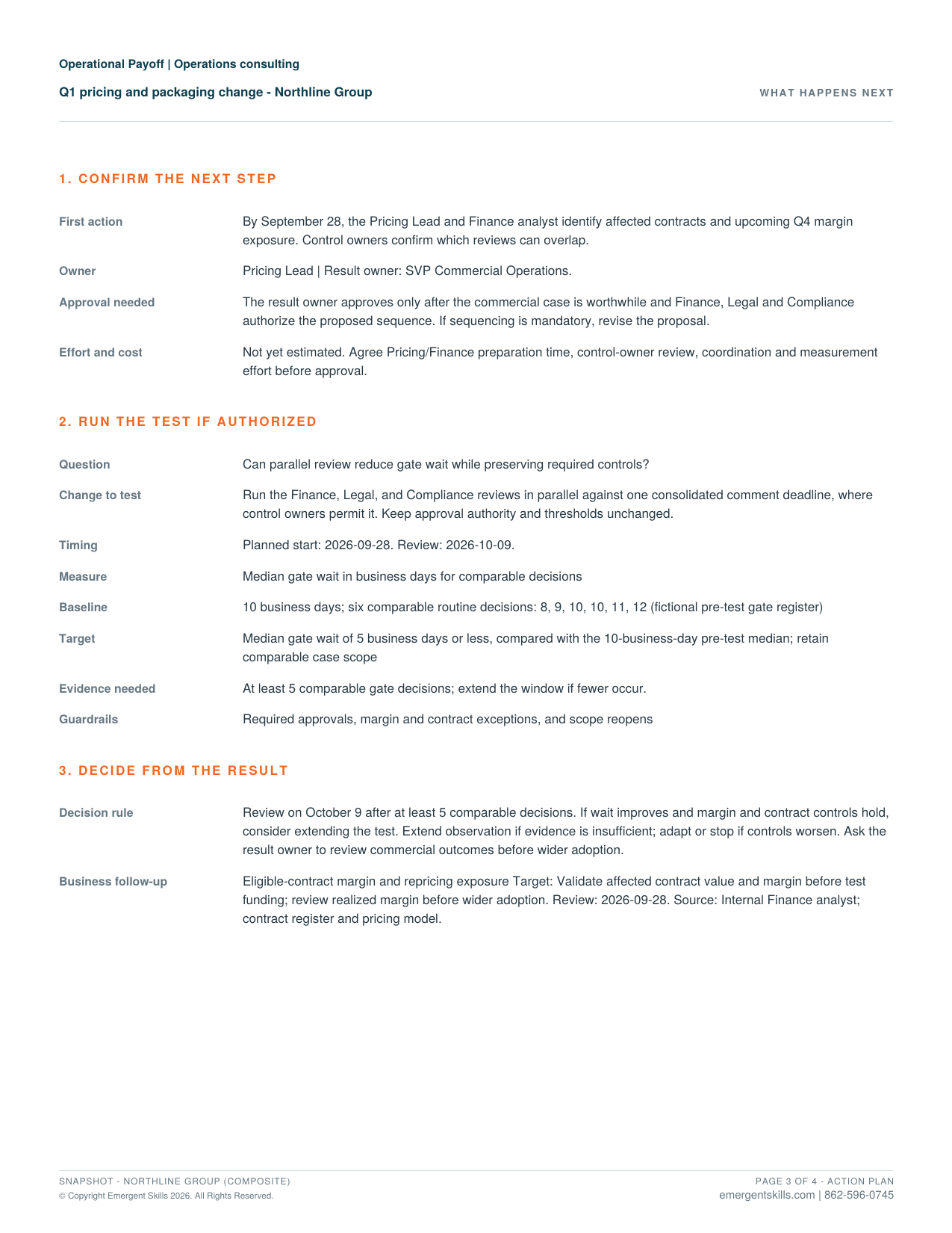 Page three of the fictional Northline Snapshot: first confirm commercial exposure, review permissions and effort; test parallel review only if authorized; assess wait times, controls and commercial outcomes.