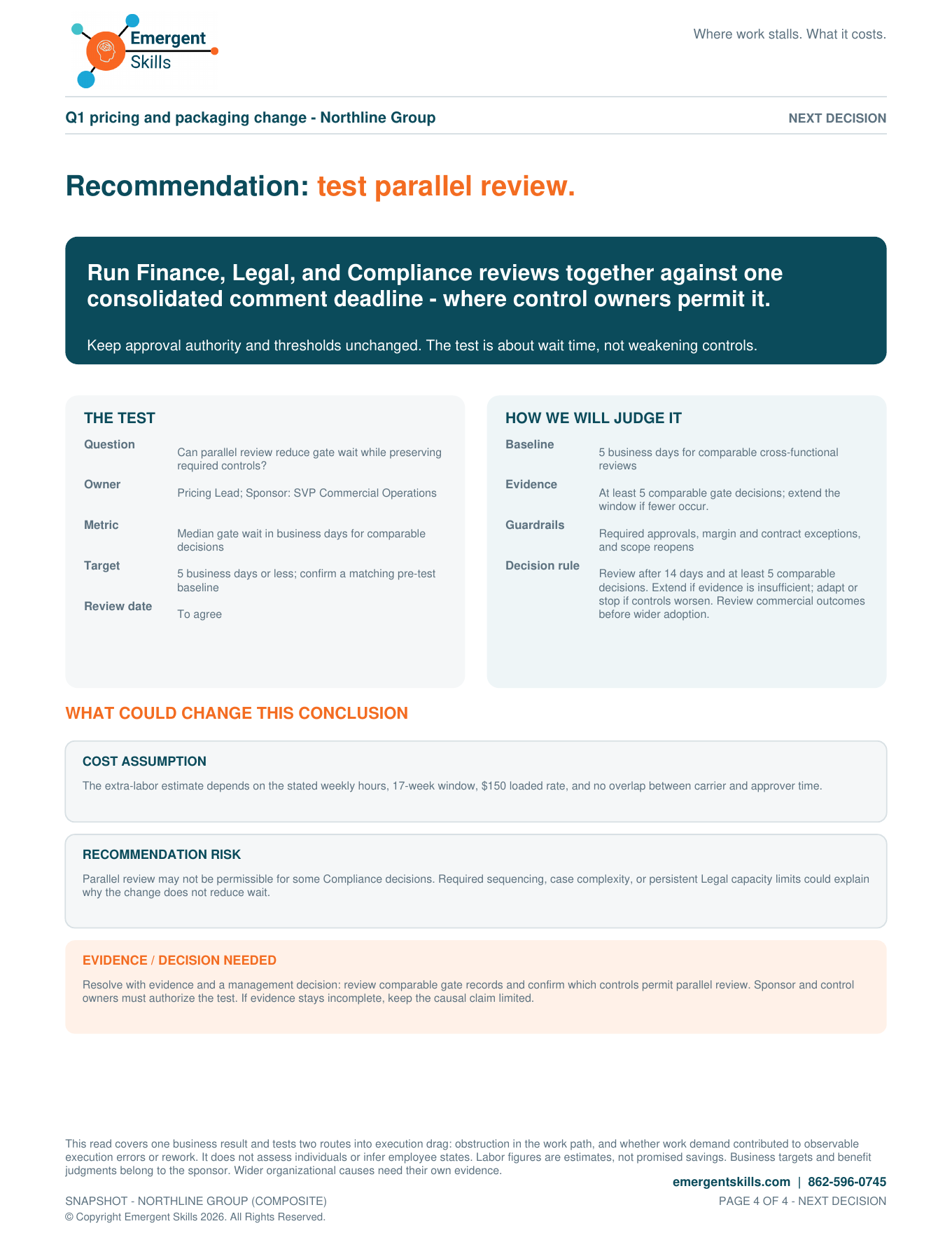 Northline illustrative Snapshot, page four: proposed concurrent-review test with its question, owner, metric, target, evidence threshold, guardrail, and decision rule.